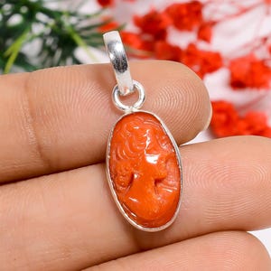 Natural Italian Red Coral Minimalist Pendant | 925 Sterling Silver Pendant | Handmade Pendant | Coral Carving Pendant | Oval Shape Pendant