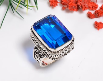Swiss Blue Topaz Ring: Oxidized Sterling Silver, Bohemian Jewelry