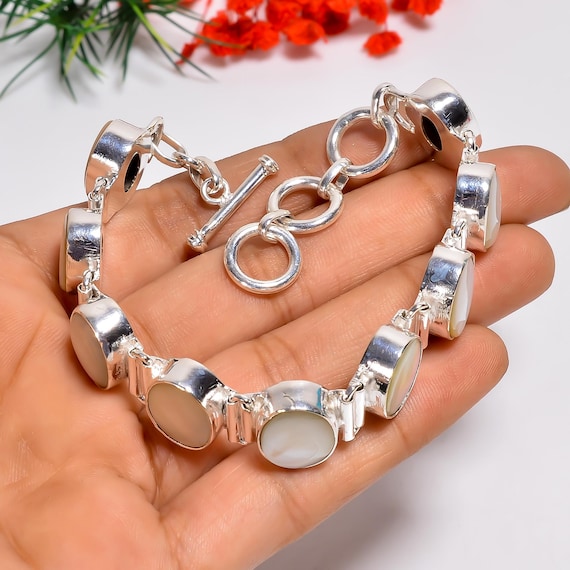Oval Mother of Pearl Bracelet, 925 Sterling Silver Adjustable