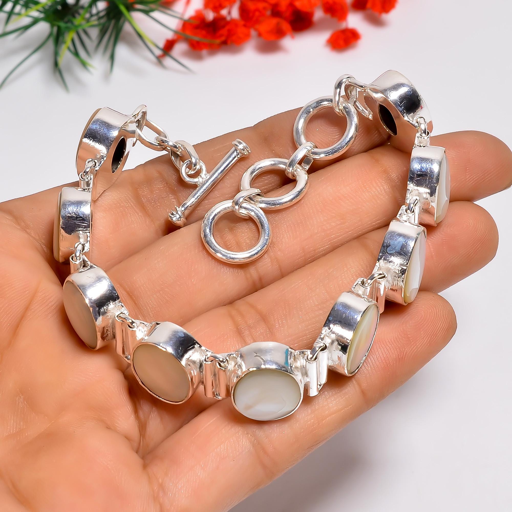 Oval Mother of Pearl Bracelet, 925 Sterling Silver Adjustable