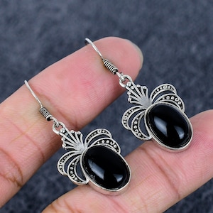 Oxidized Sterling Silver Black Onyx Earrings: Handmade Bohemian Jewelry