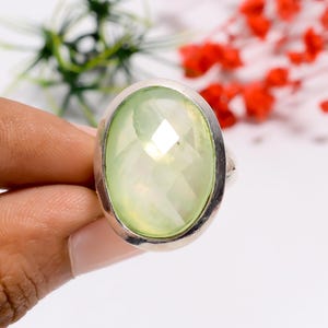 Faceted Green Prehnite Ring: Oval Gemstone, Oxidized 925 Sterling Silver