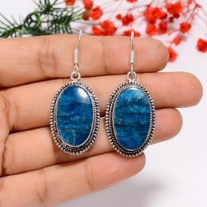 Neon Blue Apatite Oval Earrings: Oxidized Sterling Silver, Bohemian Style