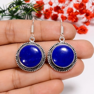Lapis Lazuli Round Shape Earrings | 925 Sterling Silver Handmade Earrings | Lapis Lazuli Jewelry | Ear-wire Earrings | Silver Hook Earrings