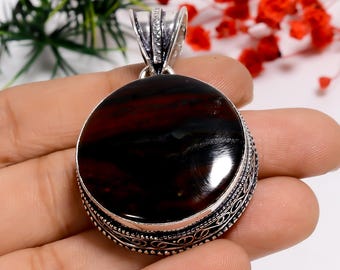 Oxidized Sterling Silver Bloodstone Pendant: Round Bohemian Charm