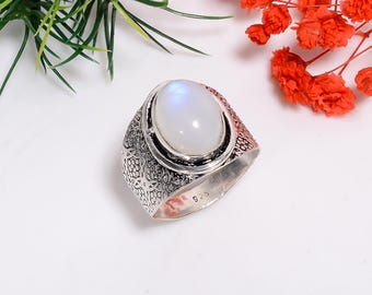 Rainbow Moonstone Ring: Oxidized Sterling Silver Bohemian Band