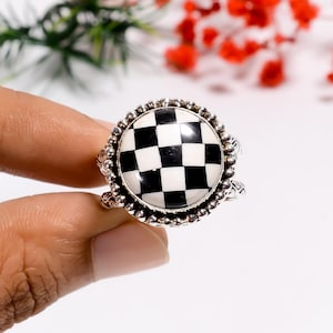Round Shape Checkered Board Onyx Ring | 925 Sterling Silver Ring | Black & White Checkered Ring | Statement Ring | Handmade Bohemian Ring