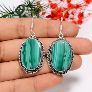 Malachite Dangle Earrings: 925 Sterling Silver, Handmade Bohemian Style