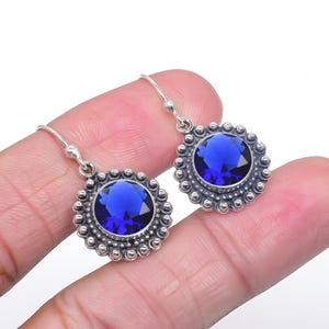 Blue Sapphire Oxidized Sterling Silver Earrings: Vintage Boho Design
