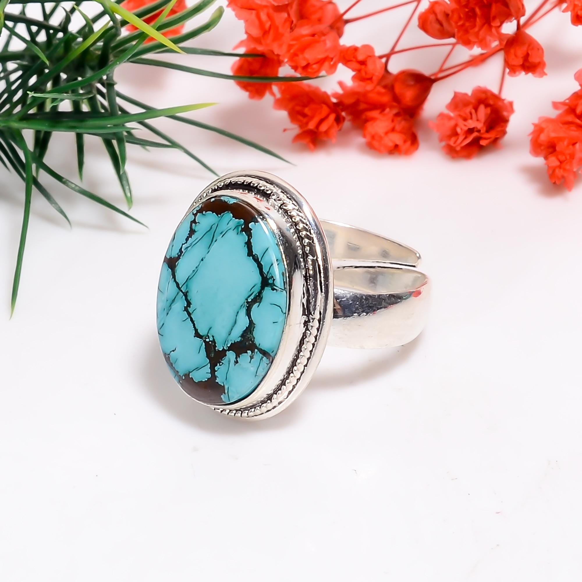 Bague Réglable En Argent 925 Et Turquoise Du Tibet Naturelle – Pierre Ovale 15 Carats