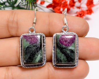 Handmade Ruby Zoisite Sterling Silver Earrings | Oxidized Bohemian Jewelry