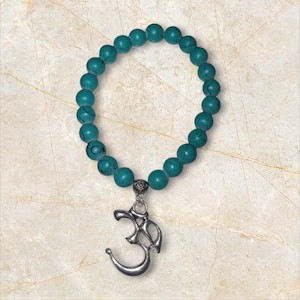 Turquoise Beaded Charm Bracelet: Oxidized Silver Om Design, Spiritual Jewelry