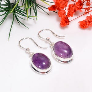 Natural Amethyst Oval Shape Earrings | 925 Sterling Silver Earrings | Handmade Earrings | February Birthstone Earrings | Ear-Wire Earrings