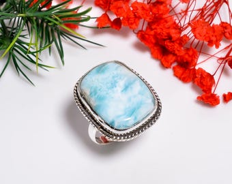 Rektangulär Larimarring • Smycken med naturliga Larimar-ädelstenar