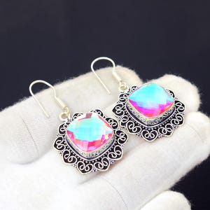 Rainbow Mystic Topaz Cushion Earrings: Oxidized Sterling Silver, Vintage Style