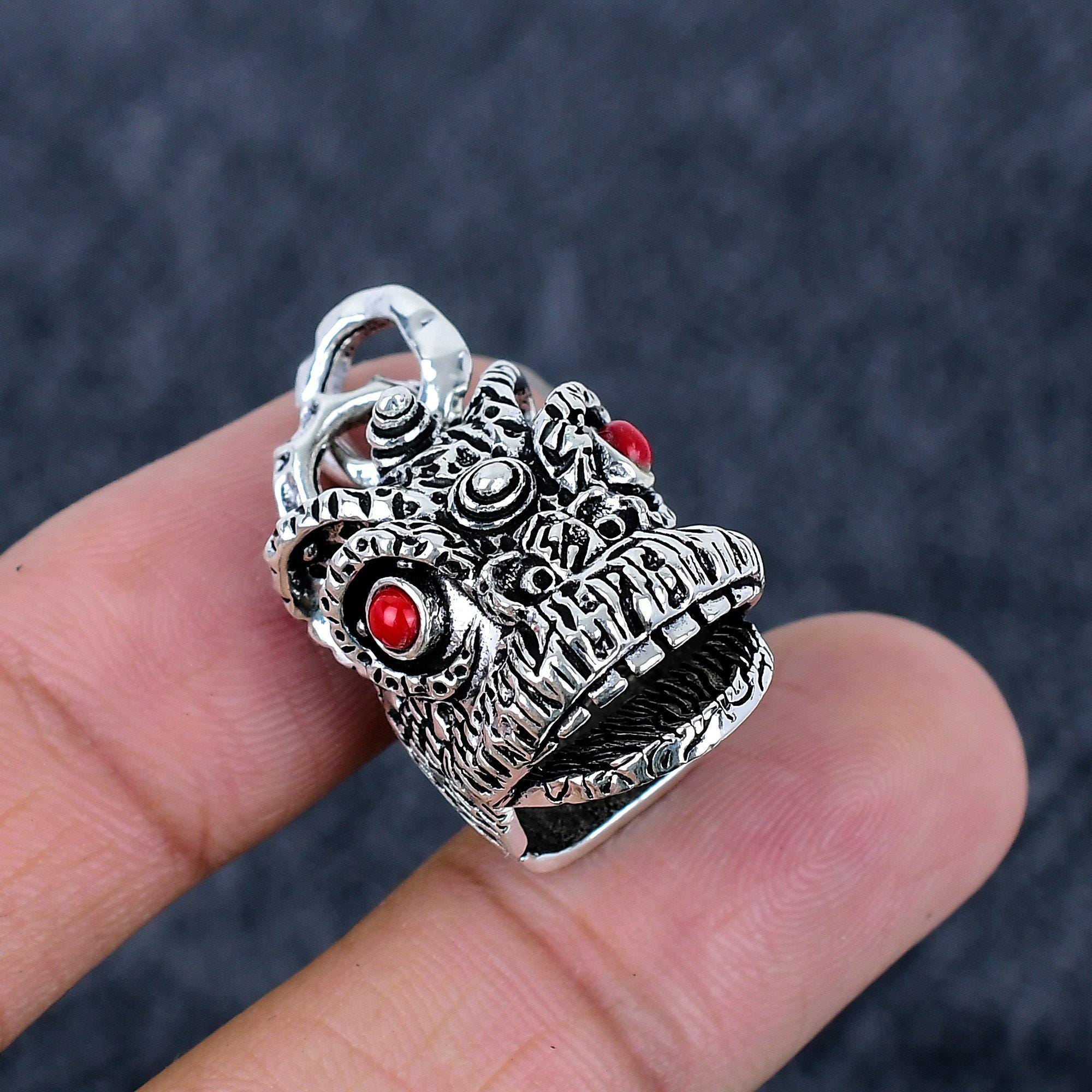 Gothic Dragon Head Pendant: Oxidized Silver Monster Totem With Red