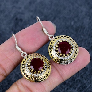 Ruby Zircon Turkish Earrings: 925 Sterling Silver Gold Plated