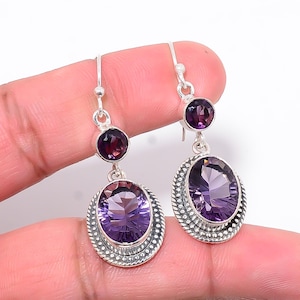 Oval Shape Amethyst Silver Earrings | 925 Sterling Silver Earrings | Handmade Earrings | Designer Earrings | Amethyst Earrings | Gift Ideas