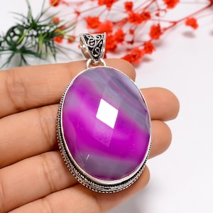 Pink Botswana Agate Sterling Silver Pendant - Oxidized Bohemian Style