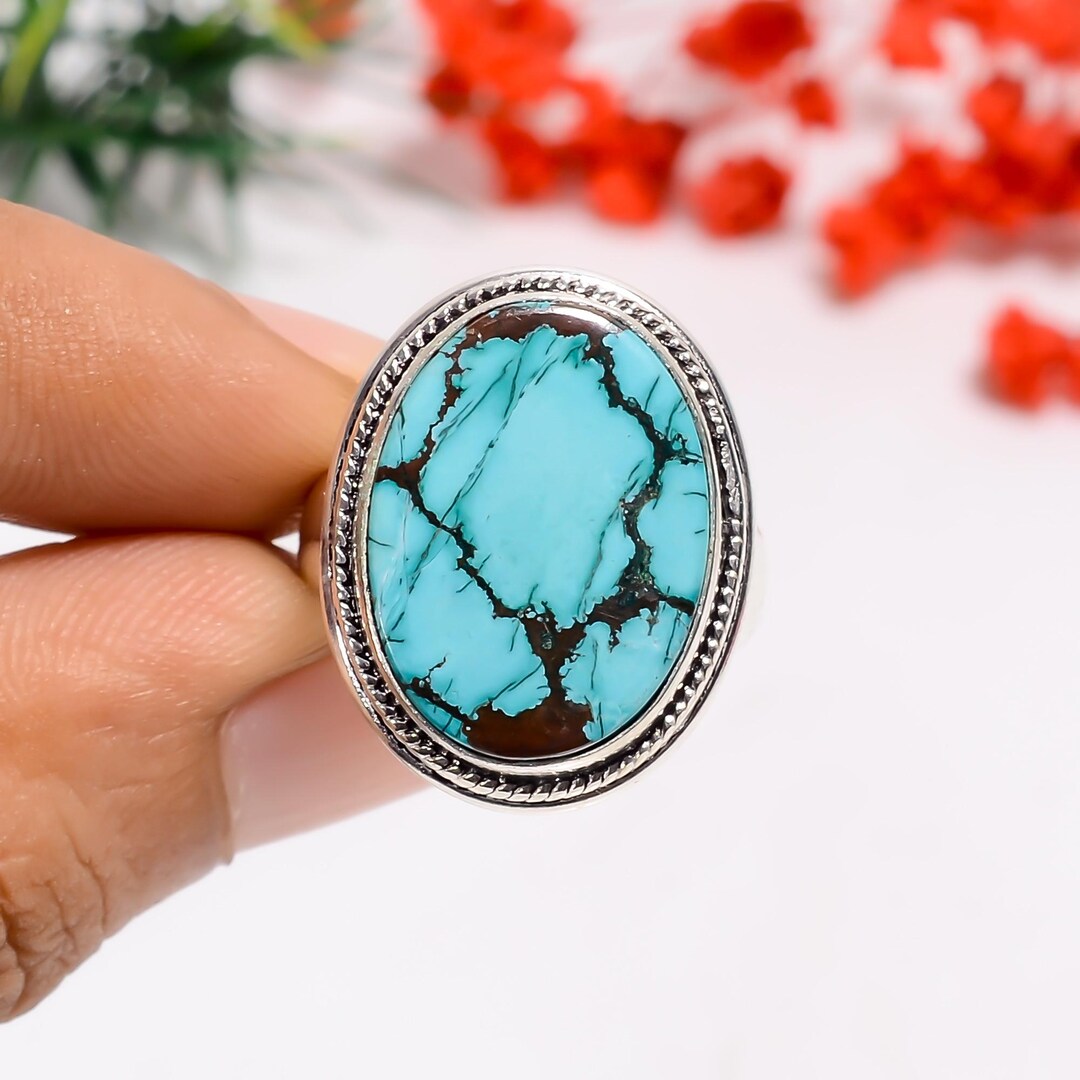 Bague Argent 925 Turquoise Tibétaine Taille US 10 - Style Bohème Et Unique