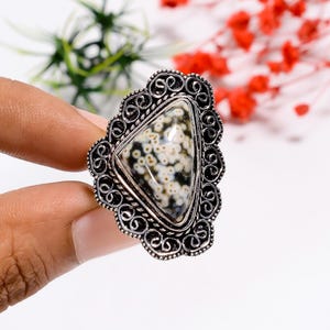 Natural Ocean Jasper 925 Sterling Silver Ring | Top Quality Gemstone Ring | Bohemian Ring | Filigree Designer Ring | Statement Boho Ring