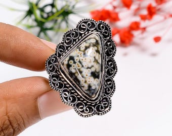 Ozean Jaspis Sterling Silber Ring: Filigraner Boho Statement Ring