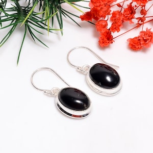 Black Onyx Oval Earrings: Handmade 925 Sterling Silver Dangle