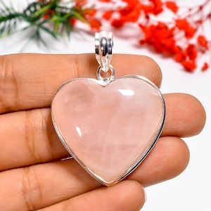 Heart Rose Quartz Pendant, Handmade Sterling Silver Necklace, Healing Crystal