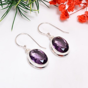 925 Sterling Silver Amethyst Drop Earrings | Handmade Oval Shape Earrings | Designer Earrings | Purple Amethyst Jewelry | Ear-Wire Earrings