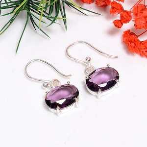 Purple Amethyst Oval Shape Earrings | 925 Sterling Silver Earrings | Handmade Earring | February Birthstone Jewelry | Prong Setting Earring