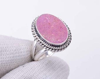 Pink Quartz Druzy Oval Shape Ring, 925 Sterling Silver Oxidize Ring, Quartz Druzy Silver Ring, Handmade Vintage Ring, Unique Designer Ring