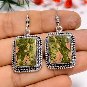 Oxidized Sterling Silver Unakite Earrings: Handmade Bohemian Jewelry