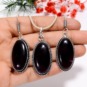 Amethyst Pendant Earring Set: Oxidized Sterling Silver Bohemian Jewelry