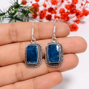 Neon Blue Apatite Oxidized Sterling Silver Earrings: Vintage Dangle