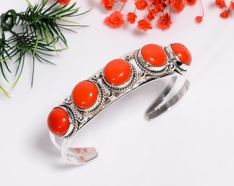 Red Coral Sterling Silver Cuff Bangle: Bohemian 5-Stone Bracelet