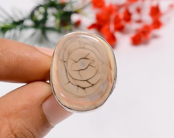 Könnte beinhalten: Ovaler Ring mit einem großen, polierten Stein mit einem einzigartigen, rissigen Muster in Beige- und Brauntönen. Der Stein ist in einem silberfarbenen Metallring gefasst, was einen auffälligen Kontrast erzeugt. Ein auffälliges Schmuckstück.