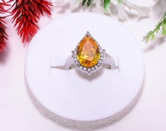 Anillo de citrino en forma de lágrima de plata esterlina / Piedra natal de noviembre hecha a mano