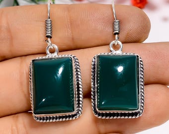 Green Chalcedony Sterling Silver Earrings - Oxidized Bohemian Style