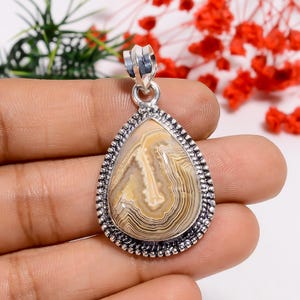 Oxidized Sterling Silver Crazy Lace Agate Pear Pendant - Vintage Boho