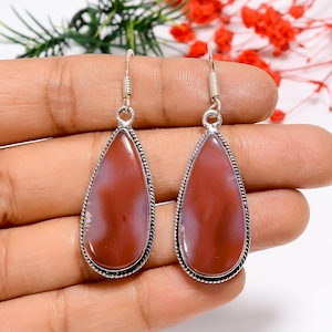 Red Botswana Agate Teardrop Earrings: Oxidized Sterling Silver, Bohemian Style