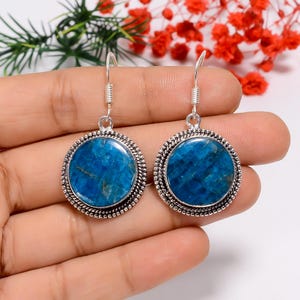 Neon Blue Apatite Earrings: Oxidized Sterling Silver Dangle, Vintage Style