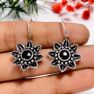 Black Onyx Flower Earrings: Oxidized Sterling Silver Gothic Jewelry