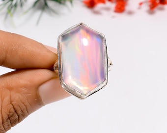 Aurora Opal Sterling Silver Ring: Oxidized 925 Statement Ring