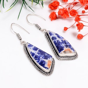 Natural Sodalite Silver Earrings | 925 Sterling Silver Earrings | Handmade Earrings | Designer Dangle Earrings | Bohemian Oxidized Earrings