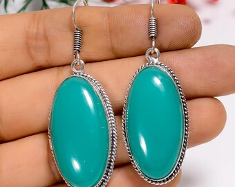 Green Chalcedony Oval Earrings: Oxidized 925 Sterling Silver, Vintage Style