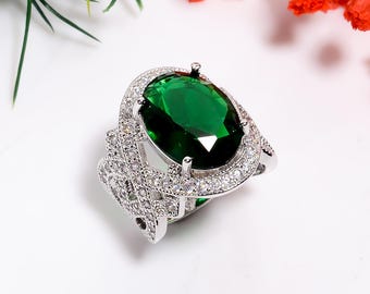 Green Chrome Diopside Oval Shape Ring | 925 Sterling Silver White Zircon Ring | Wedding Ring | Handmade Statement Ring | Anniversary Ring