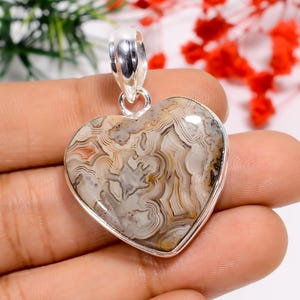 Crazy Lace Agate Heart Pendant: Oxidized Sterling Silver Bohemian Jewelry
