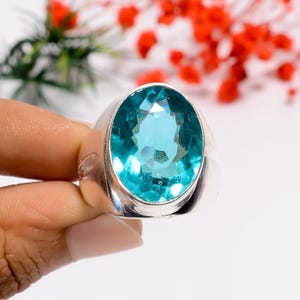 Oval Blue Apatite 925 Sterling Silver Ring - Oxidized Bohemian Jewelry