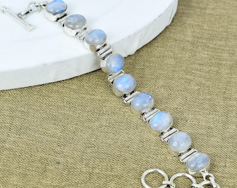 Rainbow Moonstone 925 Sterling Silver Bracelet | Round Gemstone Handmade Jewelry