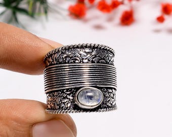 Oxidized Sterling Silver Rainbow Moonstone Ring - Bohemian Style